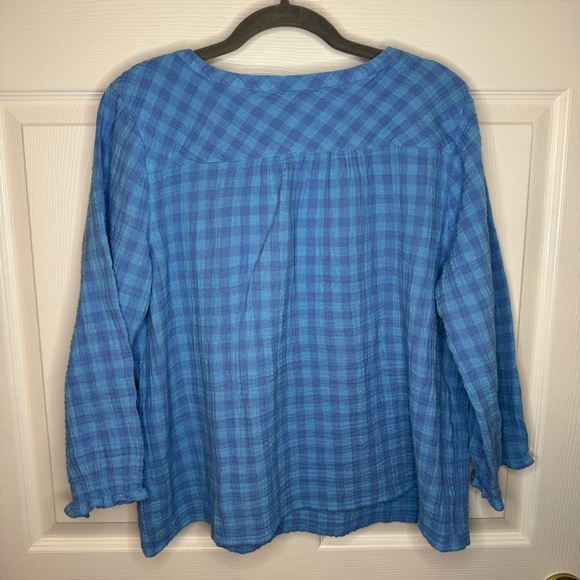 J. Jill Blue and Lilac Checkered 100% Cotton Gauze Blouse Size Large Petite EUC - Picture 3 of 7